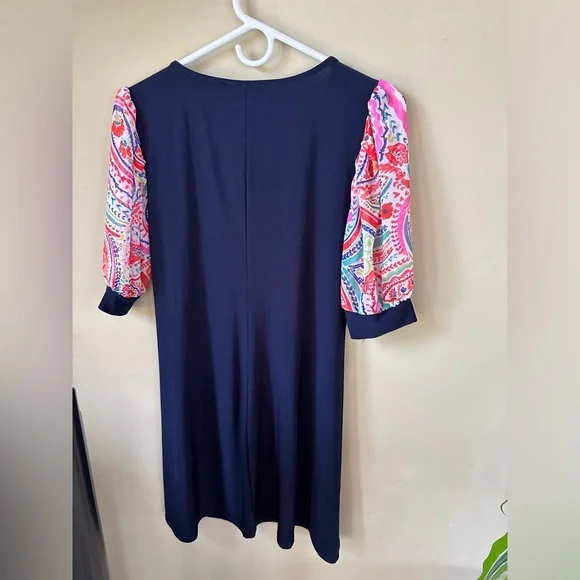 MSK Navy Dress with Floral Puff Sleeves Size S - Picture 4 of 8